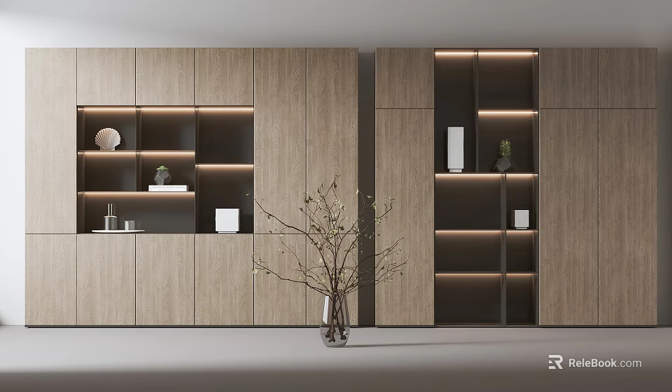 Modern Wooden Bookcase with Layered Shelves LED Lighting and Decorative Elements 3d model
