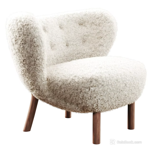 Cozy Modern Armchair with Fluffy Cream Upholstery Button Tufted Design and Wooden Legs 3d model 