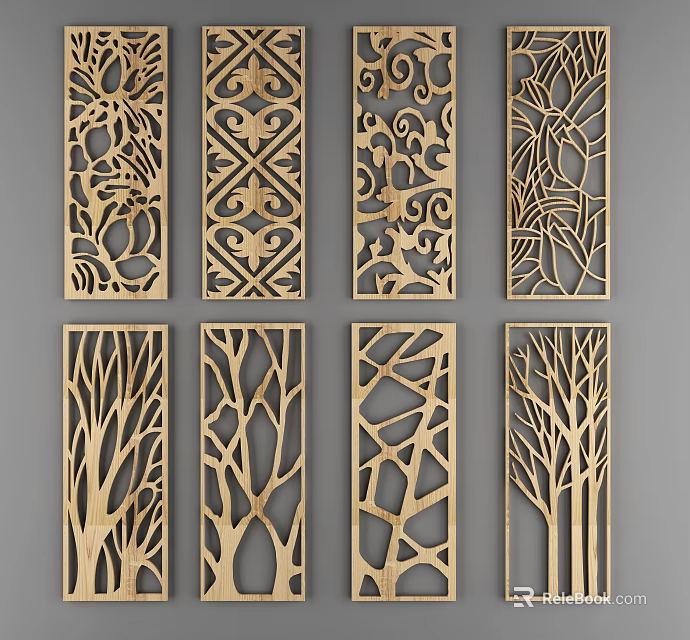 Decorative Wooden Room Dividers with Intricate Carved Patterns and Artistic Designs for Modern Home Interior 3d model 
