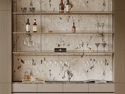 Sleek Modern Wine Cabinet With Open Shelves Marble Texture Bottles And Wine Glasses 3d model