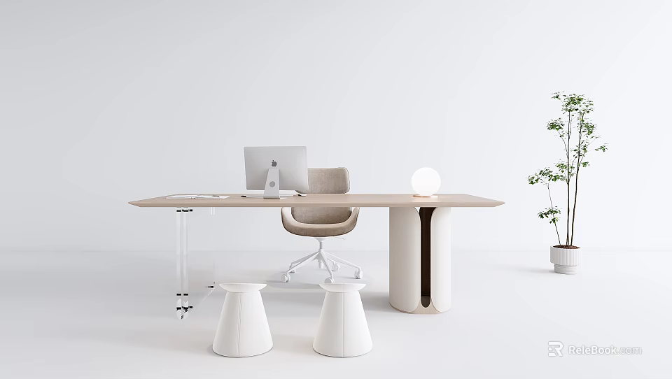 Modern Minimalist Desk Setup With Mac Computer Chair Stools Table Lamp And Plant 3d model