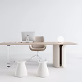 Modern Minimalist Desk Setup With Mac Computer Chair Stools Table Lamp And Plant 3d model