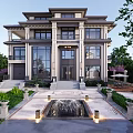Single Family Villa With Modern Chinese Style Front Fountain Stone Path And Lush Greenery