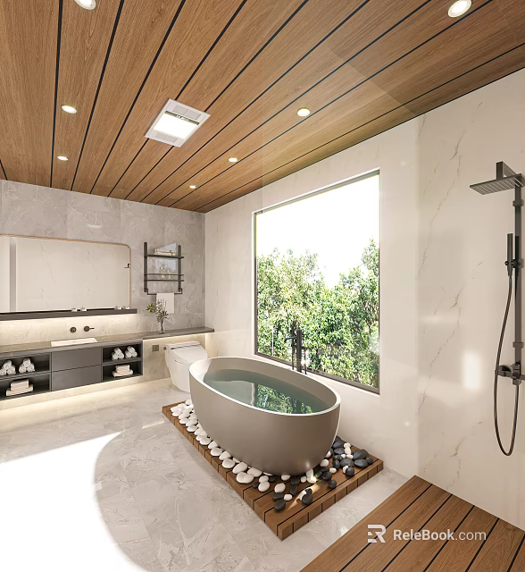 Modern Bathroom Interior With Wooden Ceiling Large Window And Freestanding Tub 3d model 