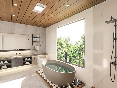 Modern Bathroom Interior With Wooden Ceiling Large Window And Freestanding Tub 3d model
