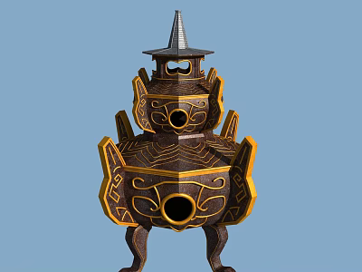 Traditional Style Ornamental Decor Set With Multi Layered Design Spire Top And Golden Patterns 3d model