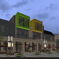 Modern Commercial Street with Green Yellow Facades Outdoor Seating Trees Umbrellas in Evening Sky