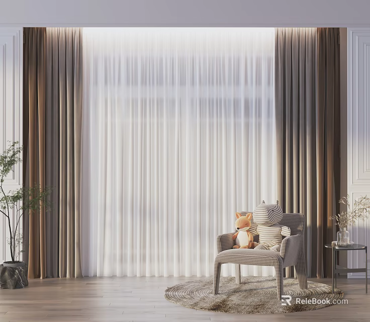 Modern Double Layer Curtains With Sheer White Panels And Brown Drapes For Living Room 3d model 