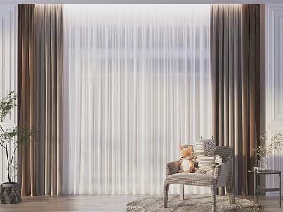 Modern Double Layer Curtains With Sheer White Panels And Brown Drapes For Living Room 3d model