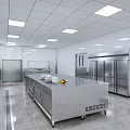 Modern Commercial Kitchen Interior With Stainless Steel Equipment And Cooking Workbench