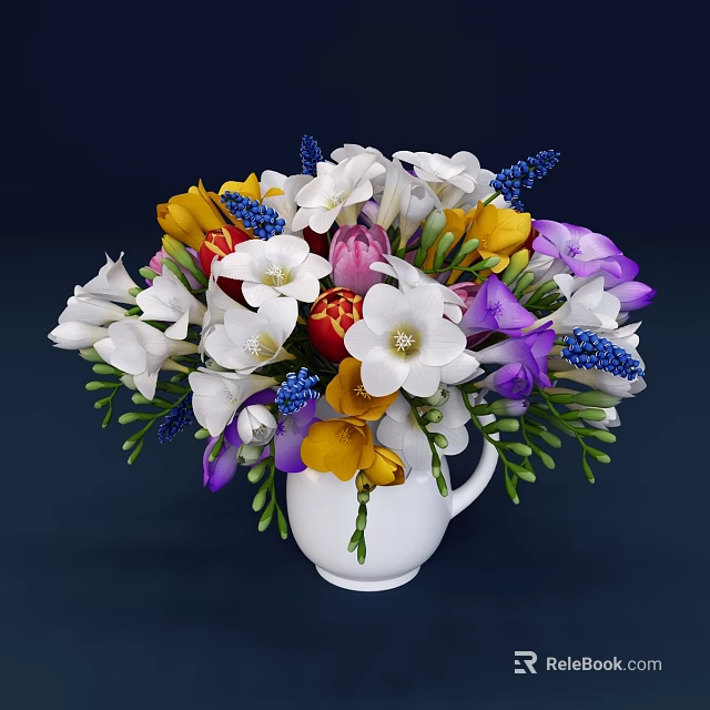 Colorful Flower Arrangement in White Vase with Mixed Blooms and Green Foliage 3d model 