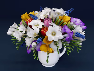 Colorful Flower Arrangement in White Vase with Mixed Blooms and Green Foliage 3d model