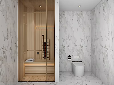 Modern White Marble Bathroom With Built In Wooden Sauna Room And Sleek Smart Toilet Fixtures 3d model