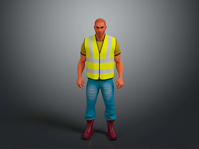 Man in High Visibility Yellow Vest Green T-shirt Blue Jeans Red Boots Gray Background 3d model