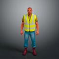 Man in High Visibility Yellow Vest Green T-shirt Blue Jeans Red Boots Gray Background