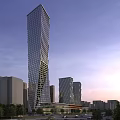 Modern High Rise Office Building With Glass Curtain Wall And City Skyline View At Sunset