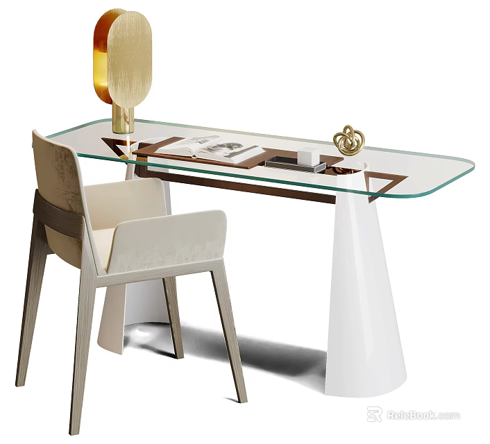 Modern Glass Top Desk With White Cone Shaped Legs Beige Chair And Decorative Items 3d model 