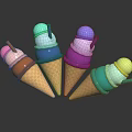 Colorful Ice Cream Cones With Multiple Layers And Assorted Straws On Black Surface 3d model