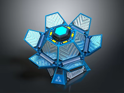 Futuristic Hexagonal Tech Device With Blue Core Yellow Accents And Metallic Panels 3d model