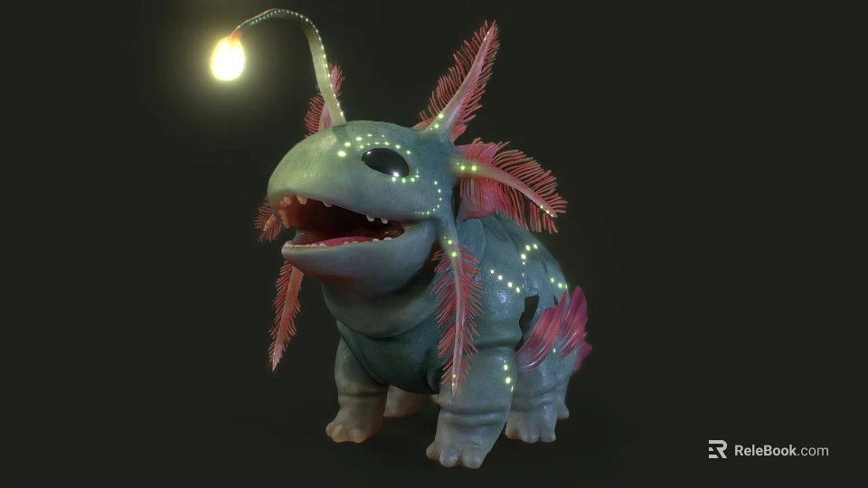 Game Movie Character With Open Mouth Glowing Feathery Appendages Teal Body And Bioluminescent Lamp 3d model 