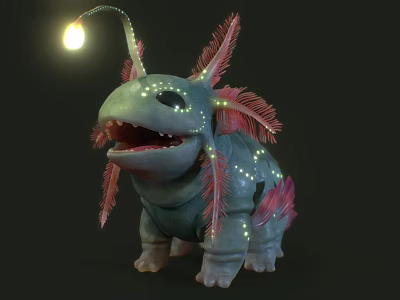 Game Movie Character With Open Mouth Glowing Feathery Appendages Teal Body And Bioluminescent Lamp 3d model