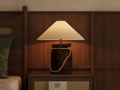 Wooden Nightstand With Table Lamp Light Shade Woven Rope Base And Woven Texture Drawer Panels 3d model