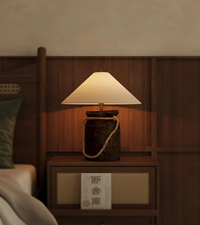 Wooden Nightstand With Table Lamp Light Shade Woven Rope Base And Woven Texture Drawer Panels 3d model