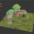 3D Model Scene With Green Pavilions Stone Staircase Balcony And Golden Lamp Posts On Grassland