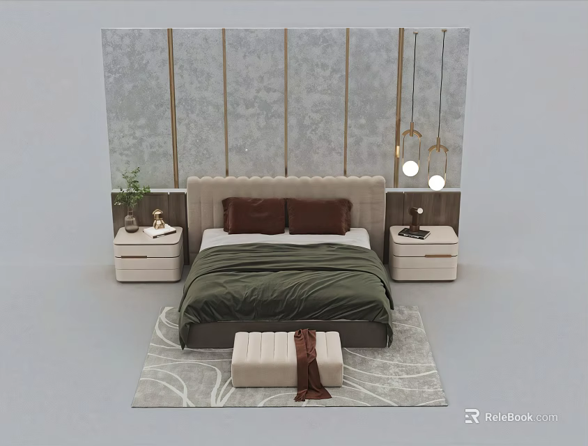 Elegant Modern Upholstered Double Bed With Stylish Matching Nightstands And Coordinated Bedroom Furniture Set 3d model 