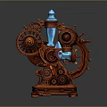 Steampunk Mechanical Device With Brass Gears Wooden Base And Blue Glass Element