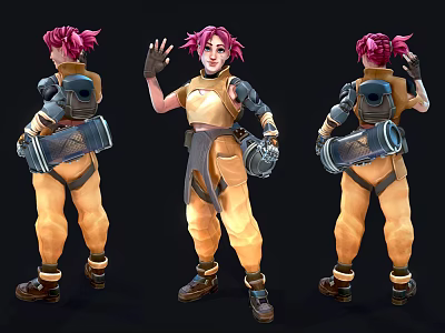 Pink Haired Character In Yellow Outfit With Mechanical Backpack Waving Gesture Multiple Angles View 3d model
