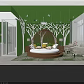 Hotel Room With Green Walls White Tree Patterns Butterfly Decorations Round Rattan Bed Colorful Pillows