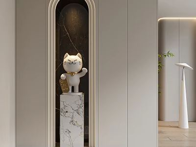 Modern Luxury Shoe Cabinet With Arched Doorway Marble Column White Cat Ornament And Gray Lighting 3d model
