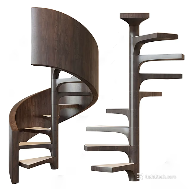 Modern Commercial Equipment Spiral Staircase With Wooden Curved And Straight Designs 3d model 