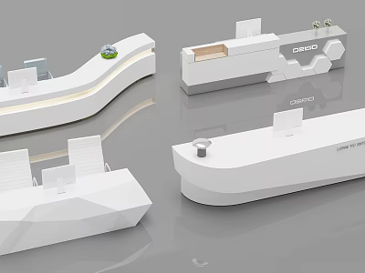 Modern Reception Desk Designs With Geometric Shapes White Finish CEO Logo And Decorative Plants 3d model
