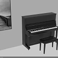 Black Upright Piano with Stool and Black White Landscape Painting in Room Interior