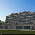 Modern Townhouse Exterior With Multiple Floors Large Windows Balconies And Green Lawn
