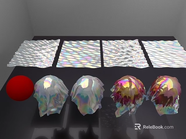Transparent Iridescent Materials Display Wavy Sheets And Shell Like Shapes With Red Sphere 3d model 