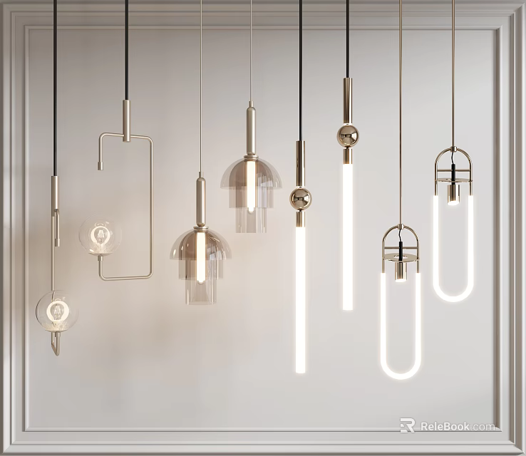 Modern Pendant Lights With Various Shapes Metal Frames And Glass Elements For Home Decor 3d model 