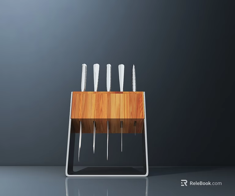 Wooden And Metal Kitchen Knife Block With Five Sharp Knives 3d model 