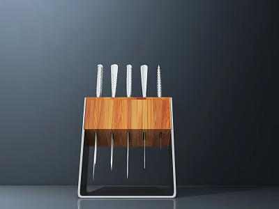 Wooden And Metal Kitchen Knife Block With Five Sharp Knives 3d model
