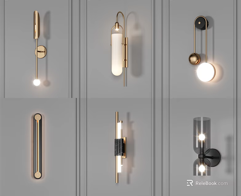 Modern Wall Lamps With Contemporary Metal Designs Illuminated On Gray Wall 3d model 