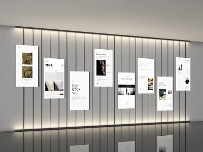 Modern Gallery Wall Display With Vertical Stripes And Illuminated Posters 3d model