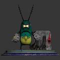 Green Insect Character with Antennae Holding Weapon and Metal Mailbox on Base with Flecktog Text