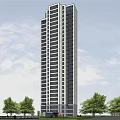 Modern High Rise Building Exterior Surrounded by Trees Under Blue Sky