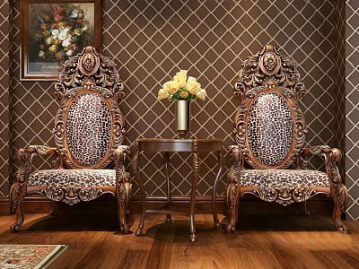 Leisure Sofa Set with Leopard Print Carved Armchairs Small Table Yellow Flowers Vase Diamond Pattern 3d model