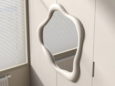 Modern Interior With Wall Mounted Irregular Shaped White Mirror And Window Blinds 3d model
