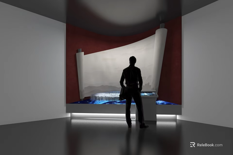 Silhouette Person Standing Near Scroll Structure In Modern Exhibition Space With Ambient Lighting 3d model 