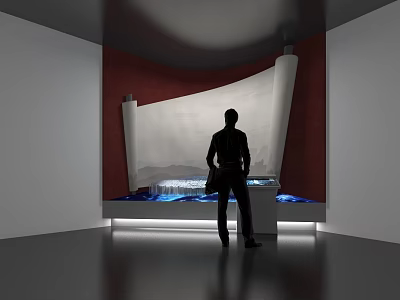 Silhouette Person Standing Near Scroll Structure In Modern Exhibition Space With Ambient Lighting 3d model