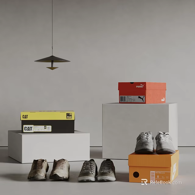 Shoes Display With Branded Boxes On White Platforms In Minimalist Background 3d model 